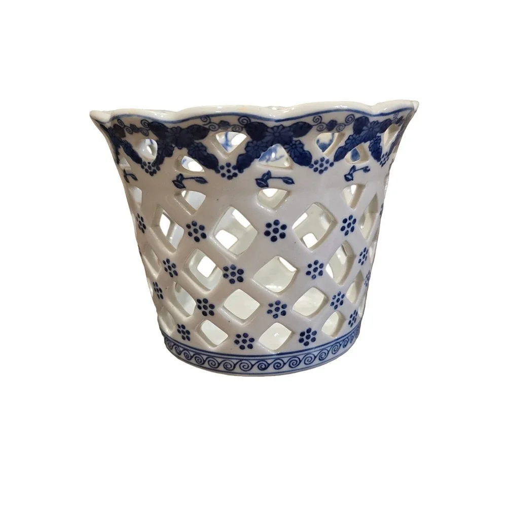 Vintage 1980s Andrea by Sadek Blue White Porcelain Reticulated Lattice Planter